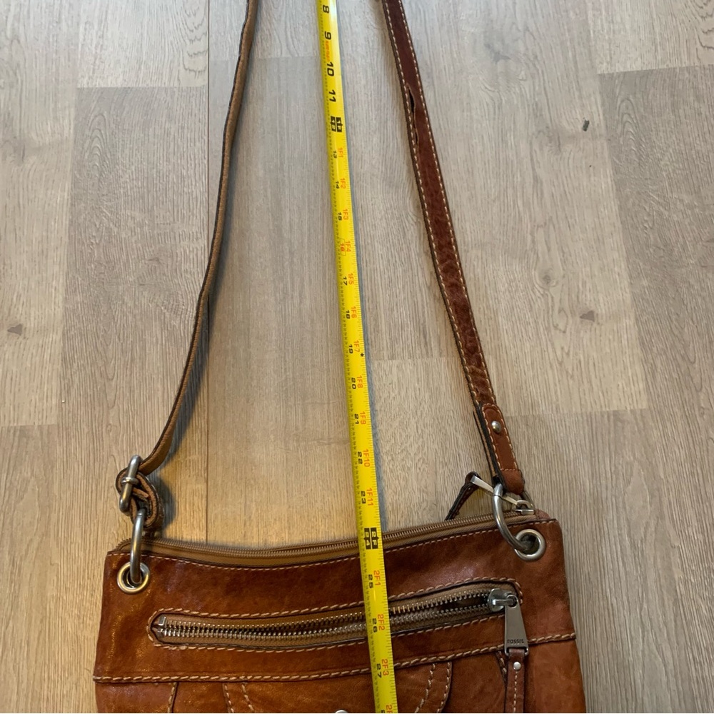 Fossil Brown Leather Long Strap Cross Body Bag Travel Adjustable Silver Tone Zip - Picture 6 of 16